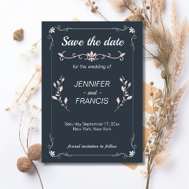 Elegante Klasse Bruiloft in Navy en Roze Save The Date