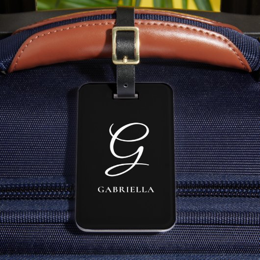 Elegante Klasse Calligrafie Monogram Zwart Wit Bagagelabel (Voorkant Insitu 2)
