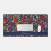 Elegante Klasse Damast Antieke Rode Roos Marinebla Bureaumat (Keyboard & Muis)