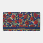 Elegante Klasse Damast Antieke Rode Roos Marinebla Bureaumat (Voorkant)