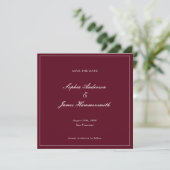 Elegante Klasse Formele Burgundy Rode Script Bruil Save The Date (Staand voorkant)