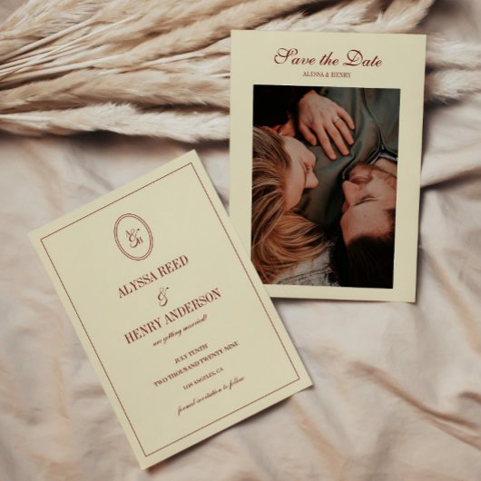 Elegante Klasse Ivoor Monogram Script Trouwfoto Save The Date