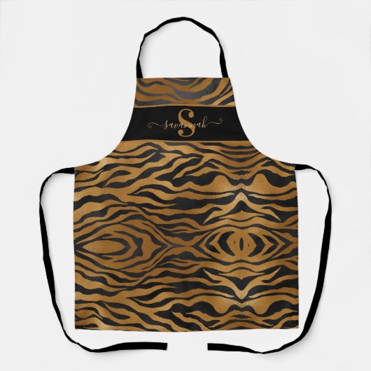 Elegante Klasse Monogram Naam Goud Zwart Luipaard Schort (Voorkant)