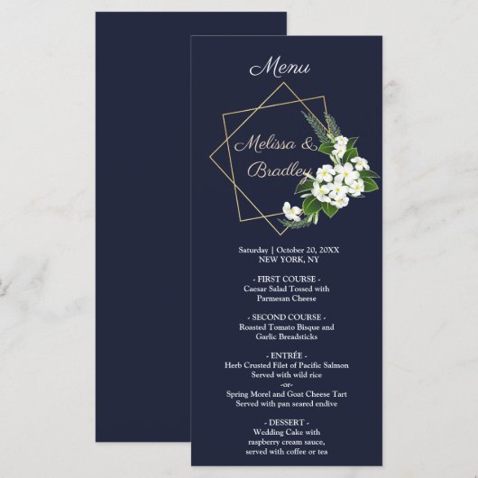 Elegante Klasse Navy Geometrische Trouw Menu (Voorkant / Achterkant)