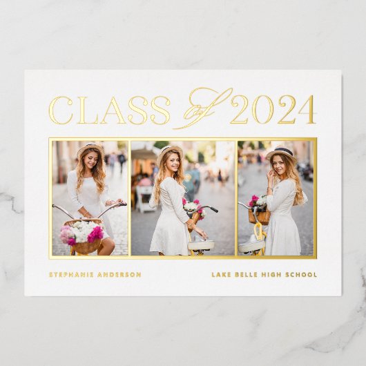 Elegante Klasse van 2024 Drie Foto Afstuderen Folie Uitnodiging (Voorkant)