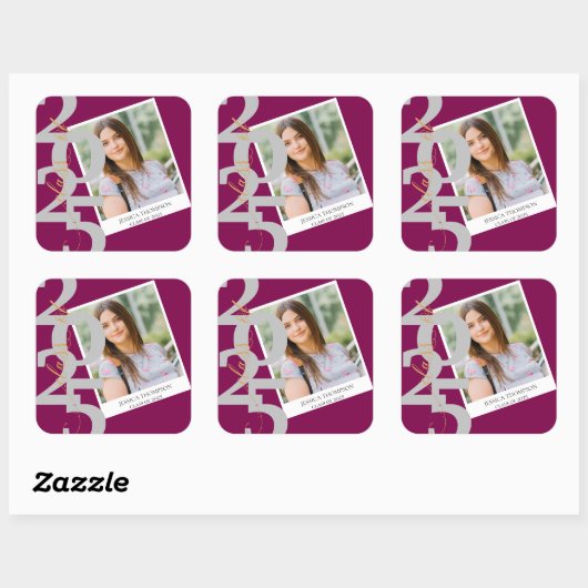 Elegante Klasse van 2025 Foto Rood Afstuderen Vierkante Sticker (Vel)