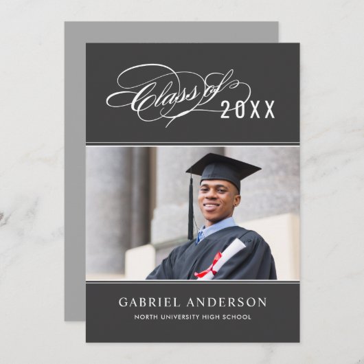 Elegante Klasse van 2025 Grey Photo Graduation Par Kaart (Voorkant / Achterkant)