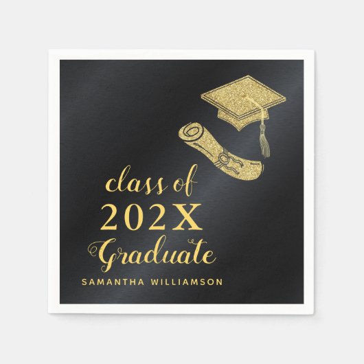 Elegante Klasse van 2025 Zwart en Goud Afstuderen Servet (Voorkant)