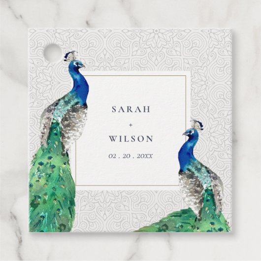 Elegante Klasse Weelderige Waterverf Pauw Bruiloft Bedankjes Labels (Voorkant)