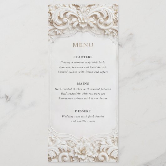 Elegante Klasse Witte Barokke Frame Huwelijk Menu (Voorkant)