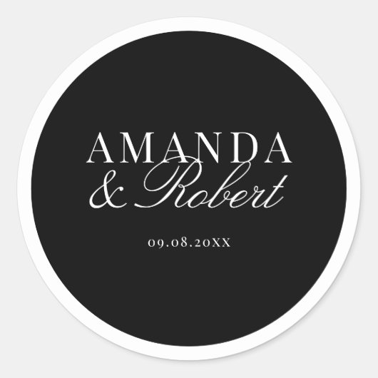 Elegante Klasse Zwarte en Witte Trouwdag Ronde Sticker (Voorkant)