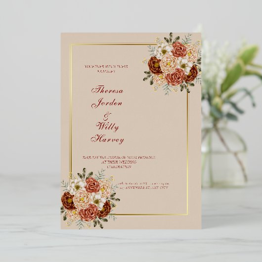 Elegante Klassiek zijn & bruine bruiloft uitnodigi Folie Uitnodiging (Staand Voorkant)