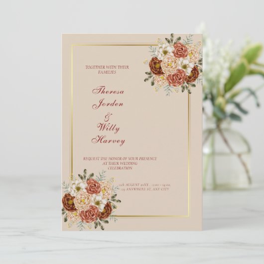 Elegante Klassiek zijn & bruine bruiloft uitnodigi Kaart (Staand voorkant)