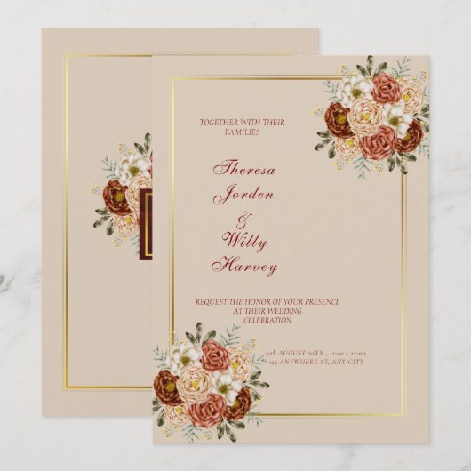 Elegante Klassiek zijn & bruine bruiloft uitnodigi Kaart (Voorkant / Achterkant)