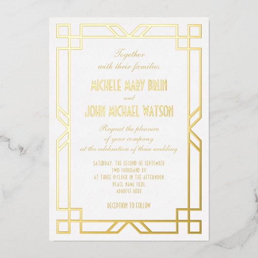 Elegante klassieke art deco eenvoudige frameWit go Folie Uitnodiging (Voorkant)