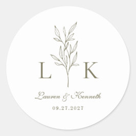 Elegante klassieke bladmonogram bruiloft olijfgroe ronde sticker