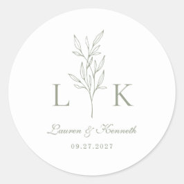 Elegante klassieke bladmonogram bruiloft salie gro ronde sticker