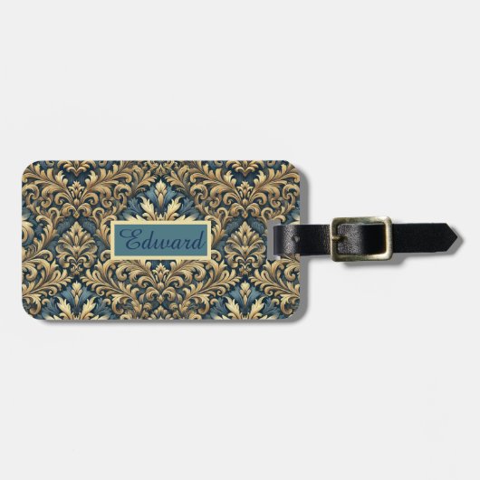 Elegante klassieke blauw en goud gepersonaliseerd bagagelabel (Voorkant horizontaal)