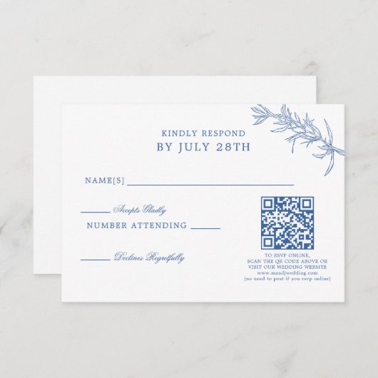 Elegante klassieke blauwe bloemenbruiloft QR-code RSVP Kaartje (Voorkant / Achterkant)