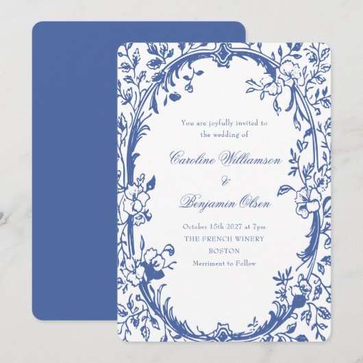 Elegante klassieke blauwe Franse land bloemenbruil Kaart (Voorkant / Achterkant)