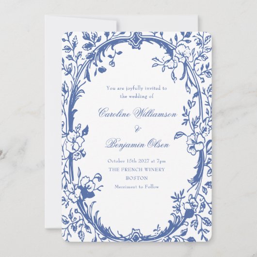 Elegante klassieke blauwe Franse land bloemenbruil Kaart (Voorkant)