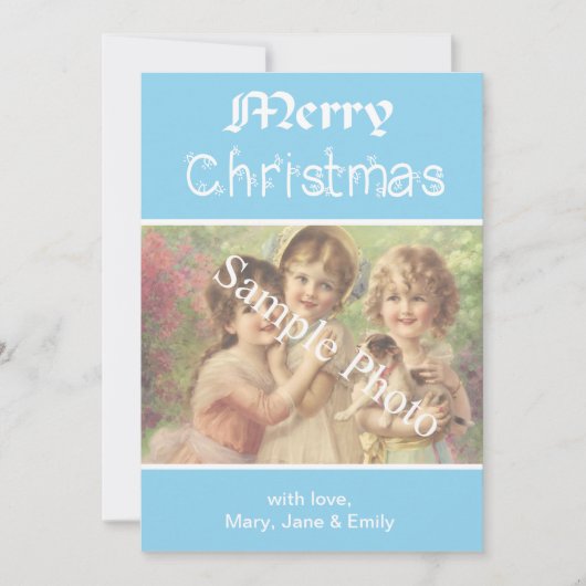 Elegante, klassieke blauwe Merry Christmas fotokaa Feestdagenkaart (Voorkant)