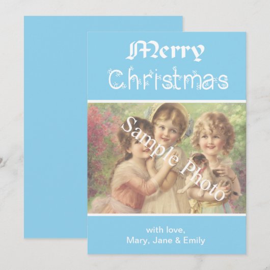 Elegante, klassieke blauwe Merry Christmas fotokaa Feestdagenkaart (Voorkant / Achterkant)