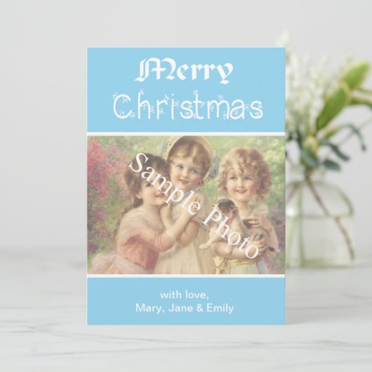 Elegante, klassieke blauwe Merry Christmas fotokaa Feestdagenkaart (Staand voorkant)