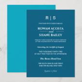 Elegante Klassieke Blauwe Monogram Huwelijksuitnod Kaart (Voorkant / Achterkant)