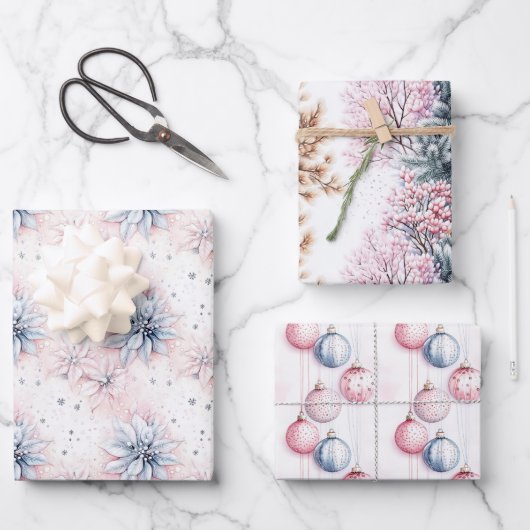 Elegante klassieke blauwe roze pastel kerst inpakpapier vel (Voorkant)