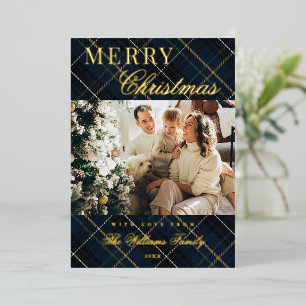 Elegante klassieke blauwe ruit 1 foto Kerstmis Folie Feestdagenkaart