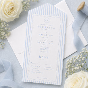 Elegante Klassieke Blauwe Streep Monogram Bruiloft All In One Uitnodiging