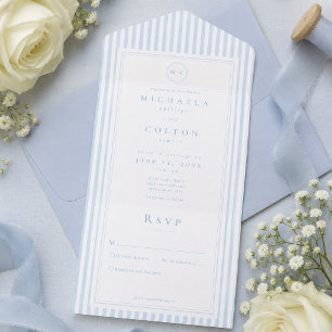 Elegante klassieke blauwe streep monogram bruiloft all in one uitnodiging