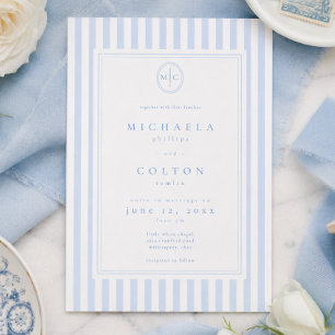 Elegante klassieke blauwe streep monogram bruiloft kaart