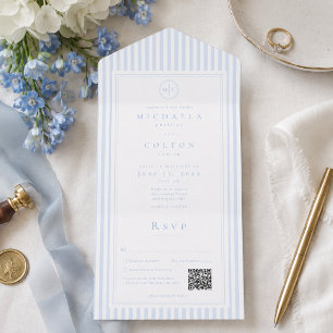 Elegante Klassieke Blauwe Streep Monogram Huwelijk All In One Uitnodiging