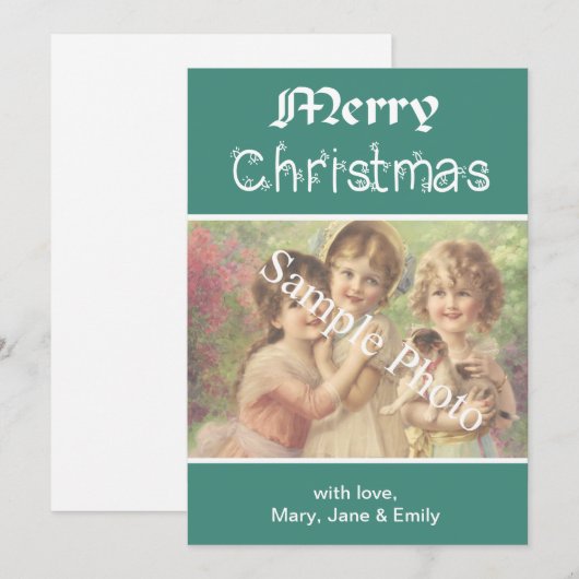 Elegante, klassieke blauwgroen Merry Christmas fot Feestdagenkaart (Voorkant / Achterkant)