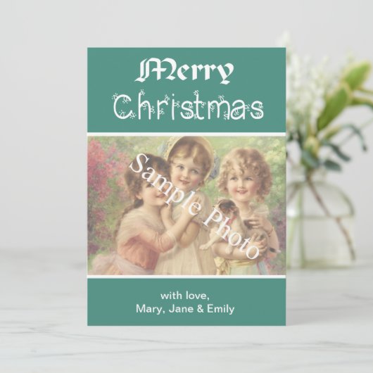 Elegante, klassieke blauwgroen Merry Christmas fot Feestdagenkaart (Staand voorkant)