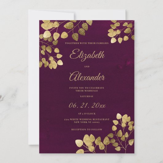 Elegante klassieke bordeaux gouden eucalyptus brui kaart (Voorkant)