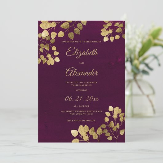 Elegante klassieke bordeaux gouden eucalyptus brui kaart (Staand voorkant)