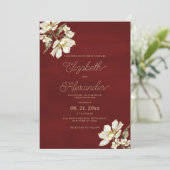 Elegante klassieke bordeauxrode gouden bloemen bru kaart (Staand voorkant)