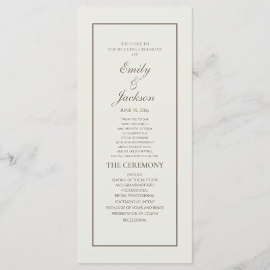 Elegante Klassieke Crème Bruine Script Trouwprogra Programmakaart (Voorkant)