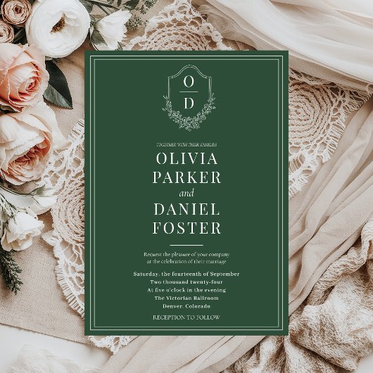 Elegante klassieke Crest Emerald Green bruiloft Kaart