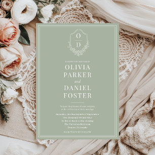 Elegante klassieke Crest Sage Green bruiloft Kaart