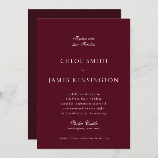 Elegante klassieke formele maroon rode bruiloft kaart (Voorkant / Achterkant)