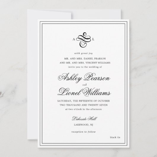 Elegante klassieke formele script monogram bruilof kaart (Voorkant)