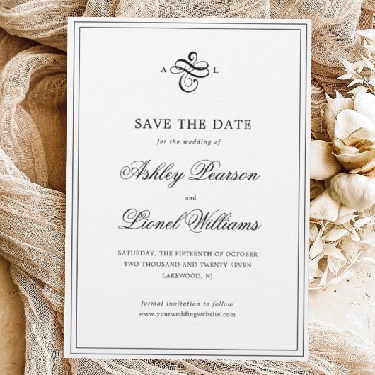 Elegante klassieke formele script monogram bruilof save the date
