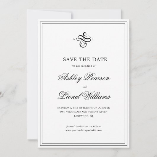Elegante klassieke formele script monogram bruilof save the date (Voorkant)