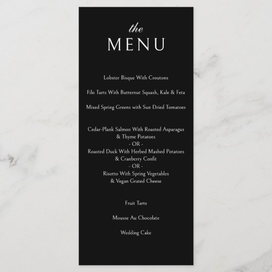 Elegante klassieke formele zwart bruiloft diner menu (Voorkant)