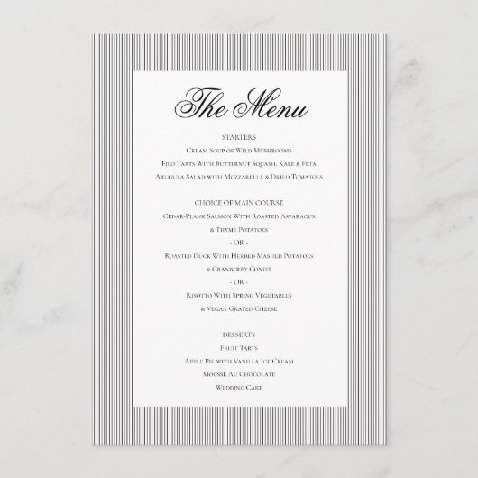 Elegante klassieke formele zwart wit bruiloft dine menu (Voorkant)