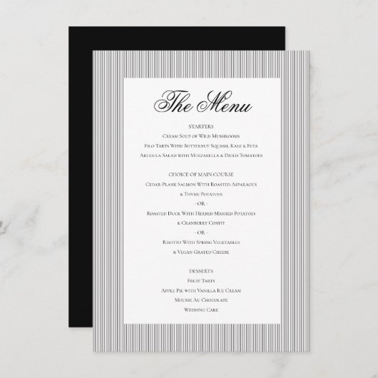 Elegante klassieke formele zwart wit bruiloft dine menu (Voorkant / Achterkant)